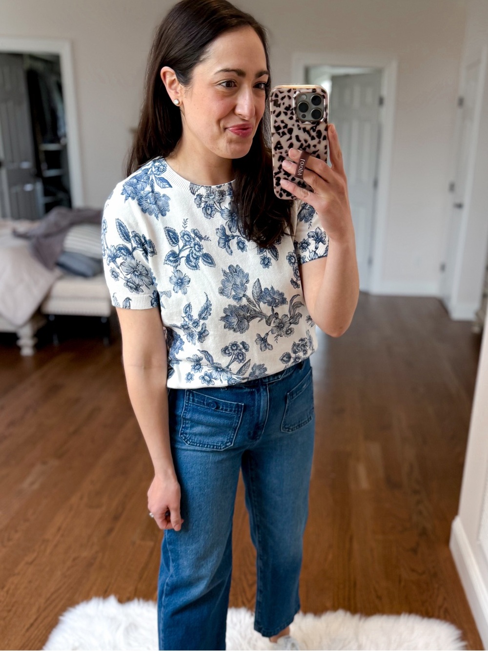 Ann Taylor White Short Sleeve Top with Blue Floral Print